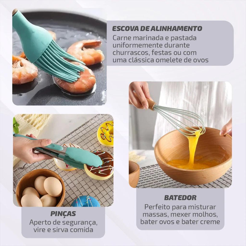 Kit 12 Utensílios De Cozinha Em Silicone e Cabo De Madeira