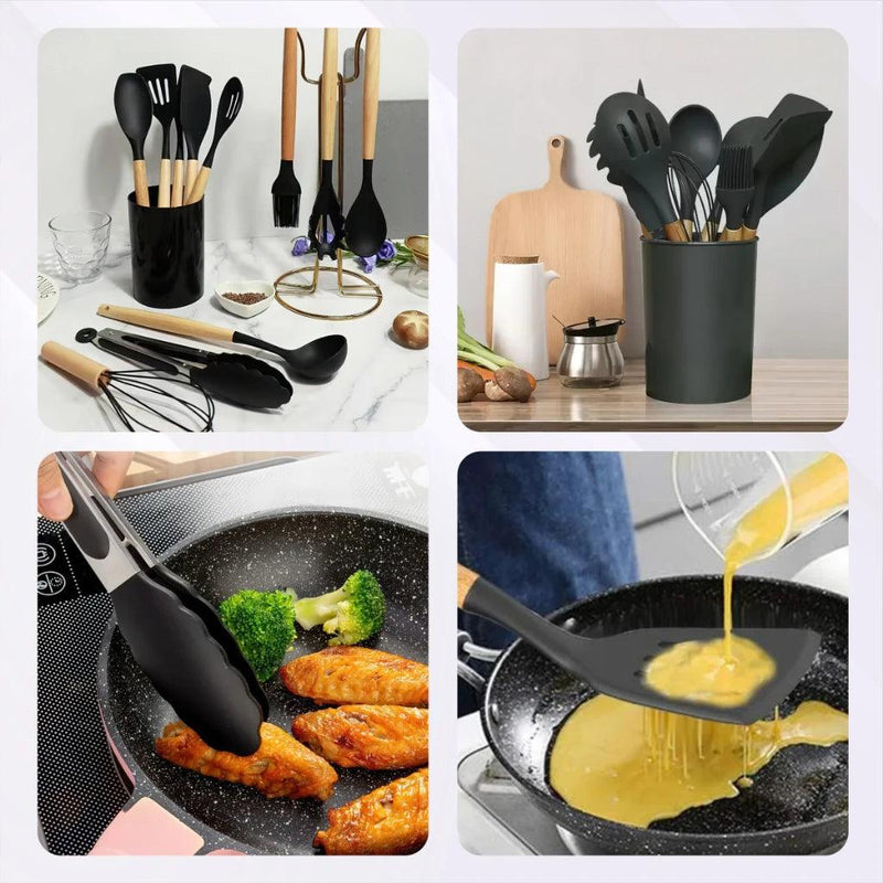 Kit 12 Utensílios De Cozinha Em Silicone e Cabo De Madeira