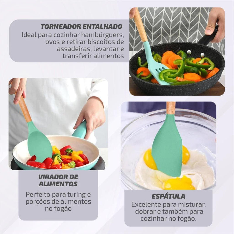 Kit 12 Utensílios De Cozinha Em Silicone e Cabo De Madeira