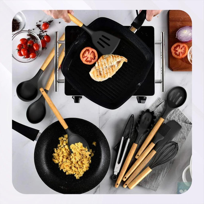 Kit 12 Utensílios De Cozinha Em Silicone e Cabo De Madeira
