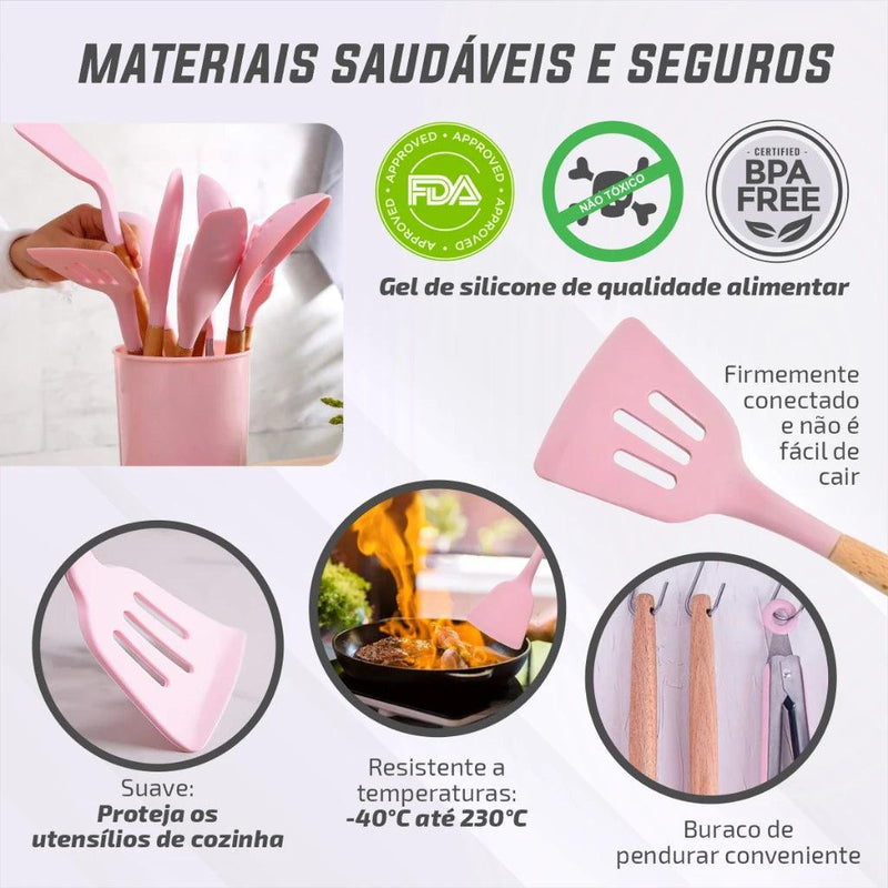 Kit 12 Utensílios De Cozinha Em Silicone e Cabo De Madeira