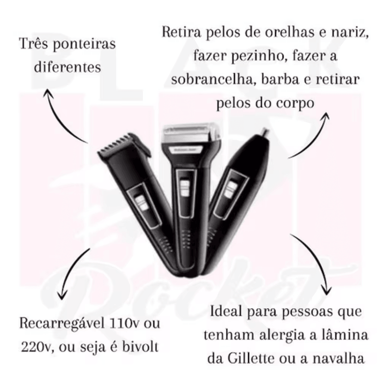 BarbMen 3 em 1 - Barbeador, Aparador e Depilador Multifuncional Masculino