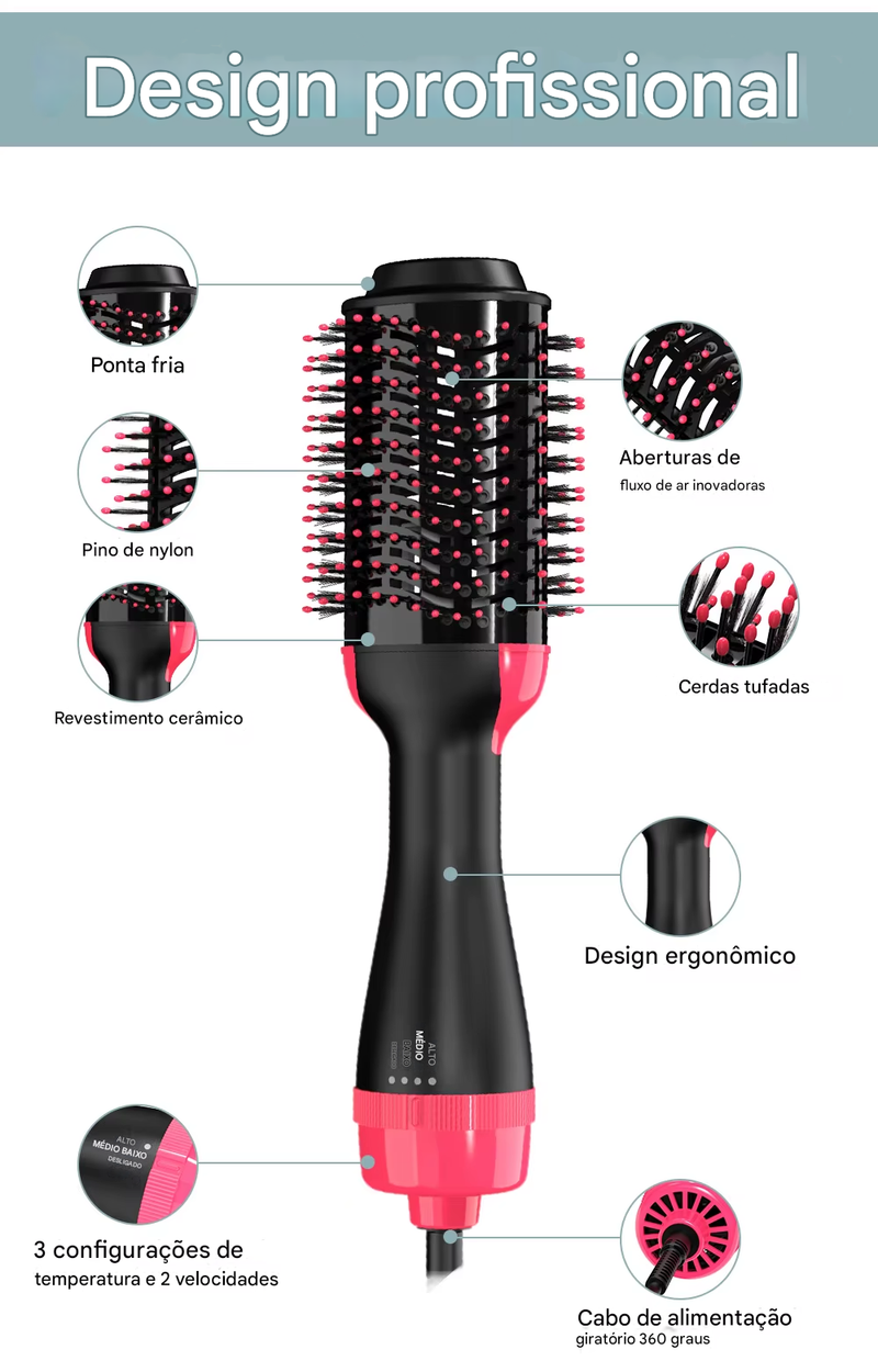 Escova de Cabelo Secadora, Alisadora e Modeladora - BellaLiss 3 em 1