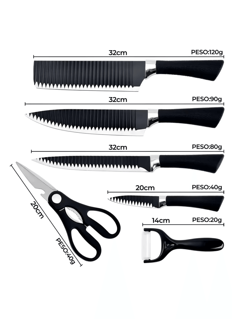 ChefSet 6 em 1 - Jogo de Facas Cozinha 6 Peças Inox Preto