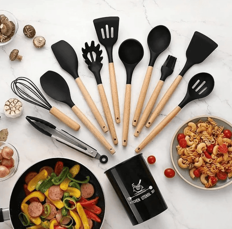 Kit 12 Utensílios De Cozinha Em Silicone e Cabo De Madeira