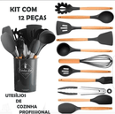 Kit 12 Utensílios De Cozinha Em Silicone e Cabo De Madeira