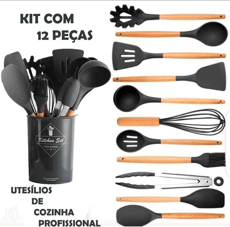 Kit 12 Utensílios De Cozinha Em Silicone e Cabo De Madeira