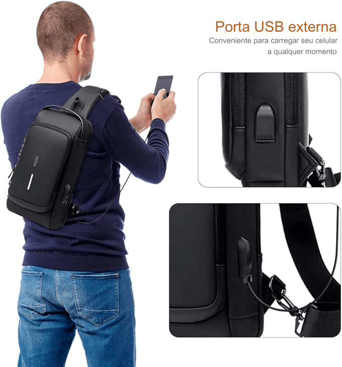 Pochete Transversal Anti-Furto Com Senha e Saída USB Unissex