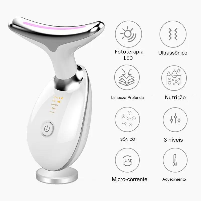 VivaSkin Pro - Massageador Facial Anti Rugas Rosto Pescoço com Laser Fotón de LED